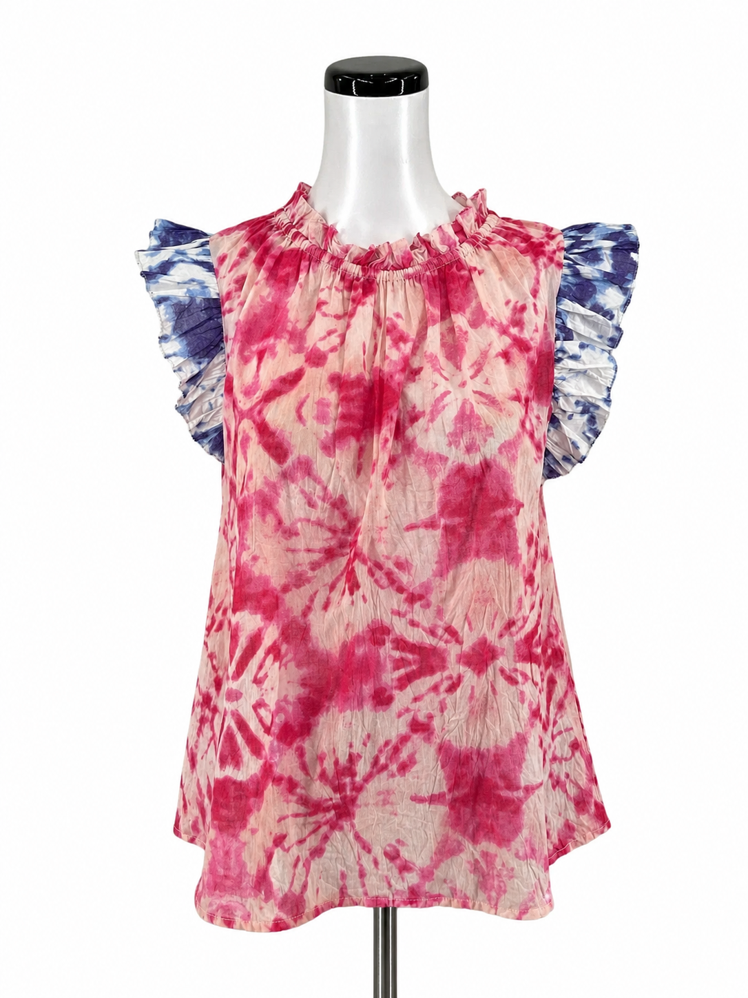 THML Pink/Purple Cap Sleeve Tie-Dye Ruffle Neck Sleeveless Bohemian Top Pink Purple Size Medium NWT - Size M