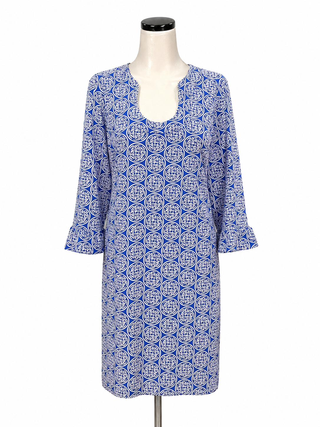 Katherine Way Amalfi Medallion Print Dress Blue White 3/4 Sleeve XL