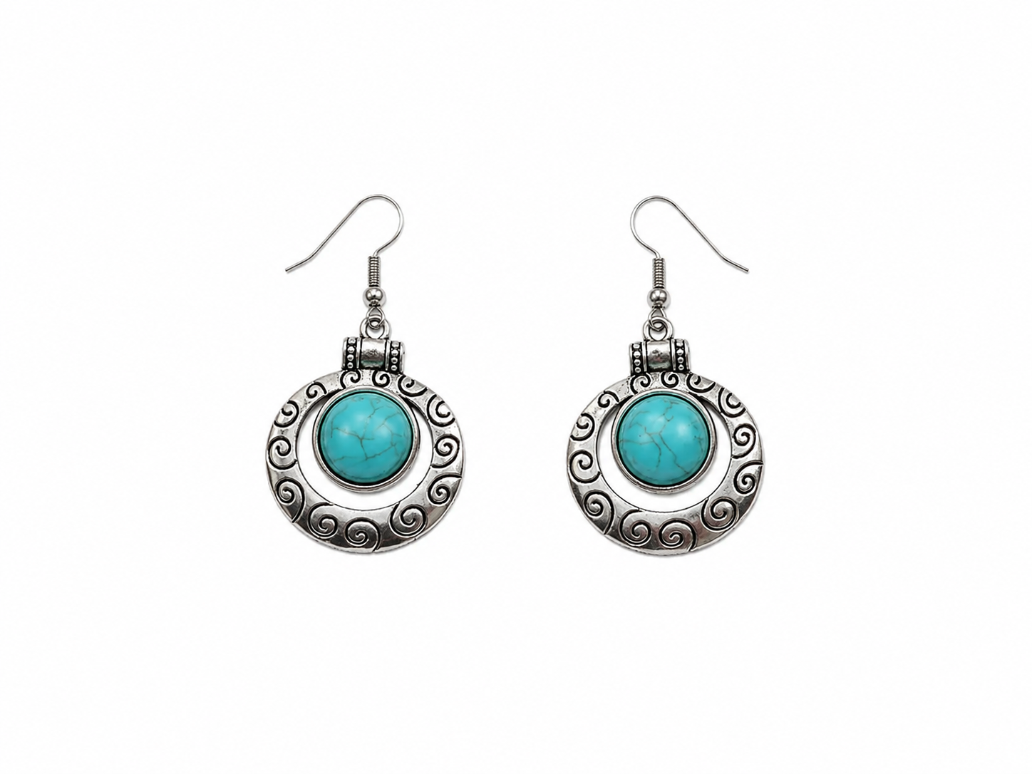 Turquoise Stone Silver-Tone Swirl Drop Earrings