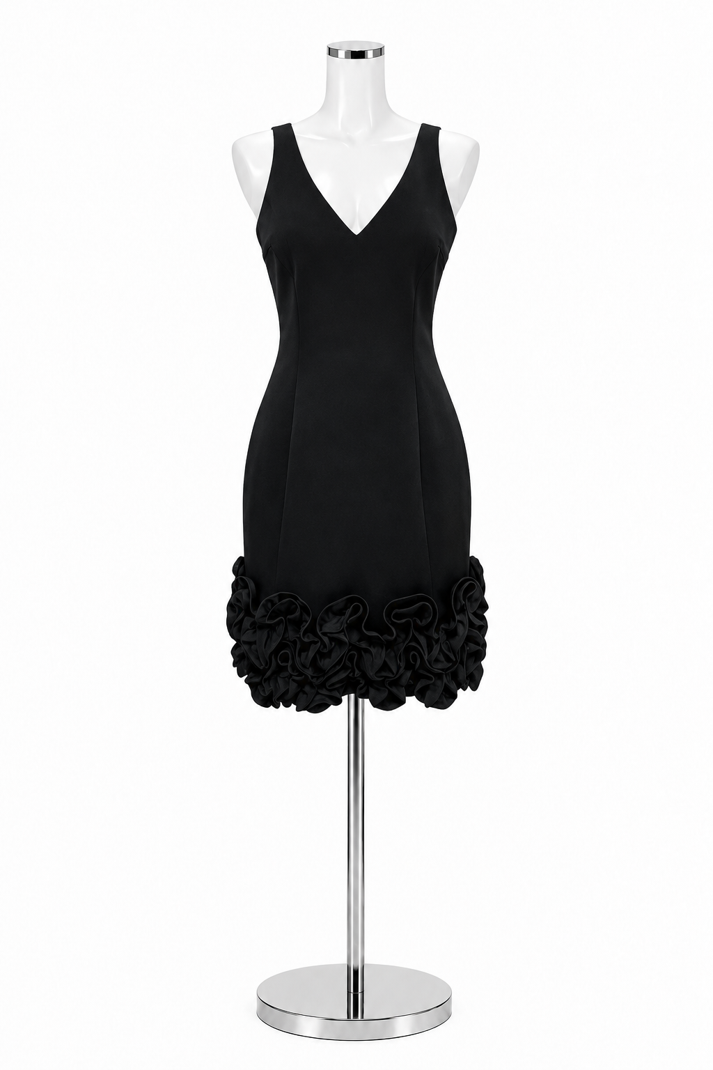 Donna Ricco Black V-Neck Rosette Ruffle Hem Sheath Dress Size 8 - ONLINE ONLY