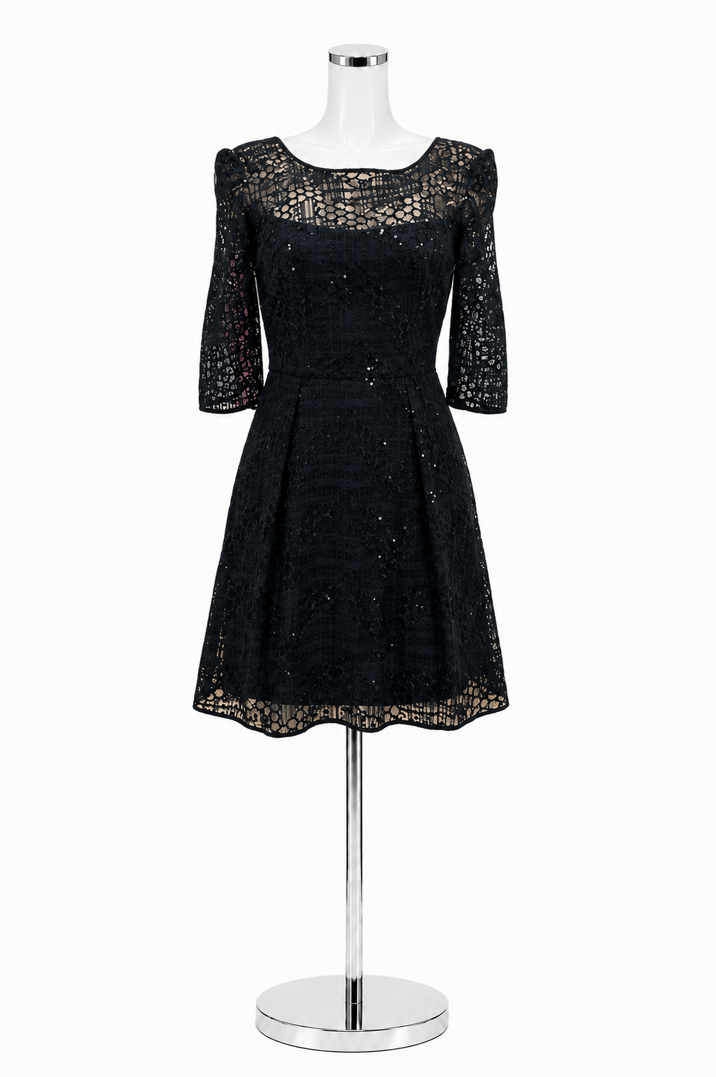 Milly Black Sequin Lace V-Back Cocktail Dress Elbow Sleeve Size 6 - ONLINE ONLY