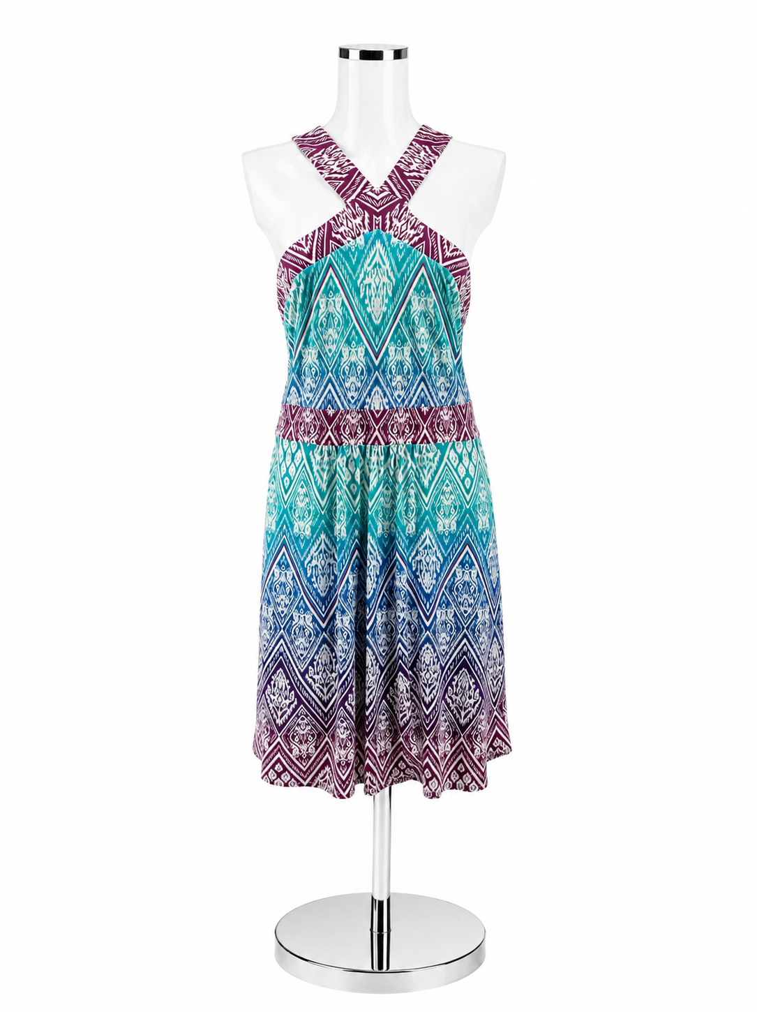 Wisp Ikat Print Dress Size 12 Aqua Purple Empire Waist X-Back Sleeveless