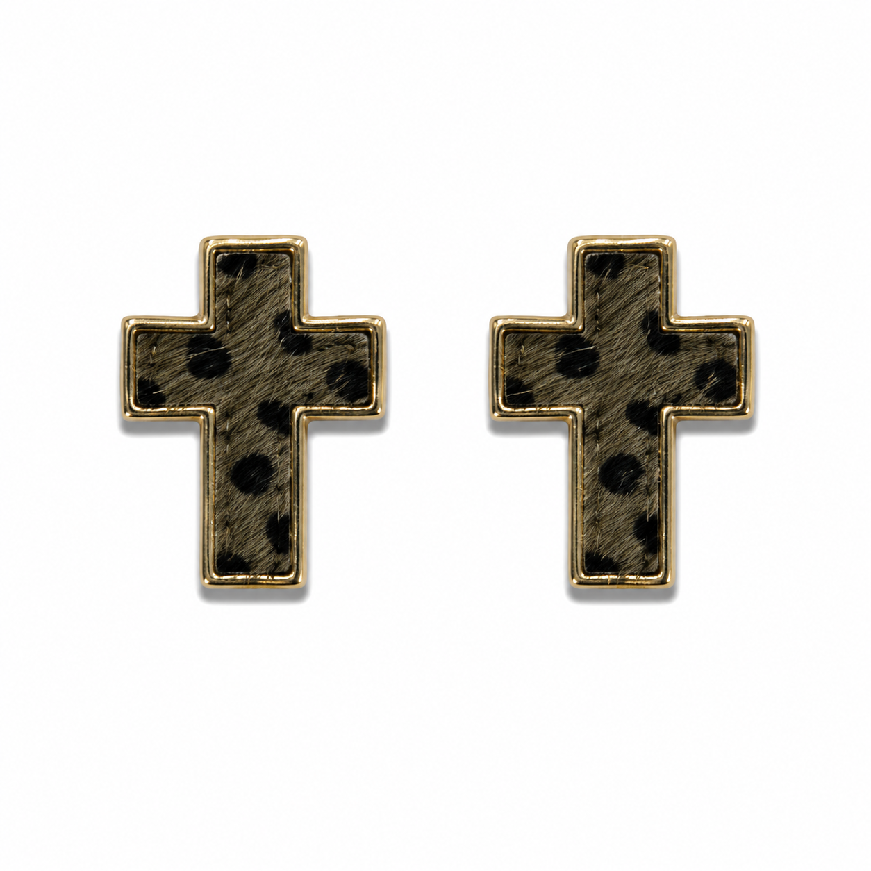 Gold Tone Animal Print Hair on Hide Cross Stud Earrings | Pre-Owned
