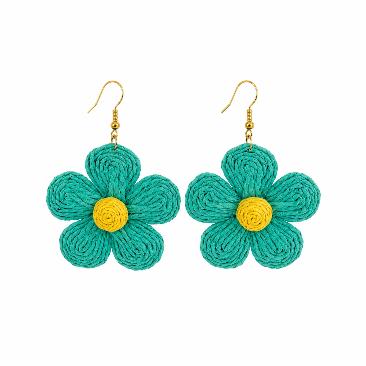 Handcrafted Teal & Yellow Raffia Flower Drop Earrings | Boho Daisy Jewelry