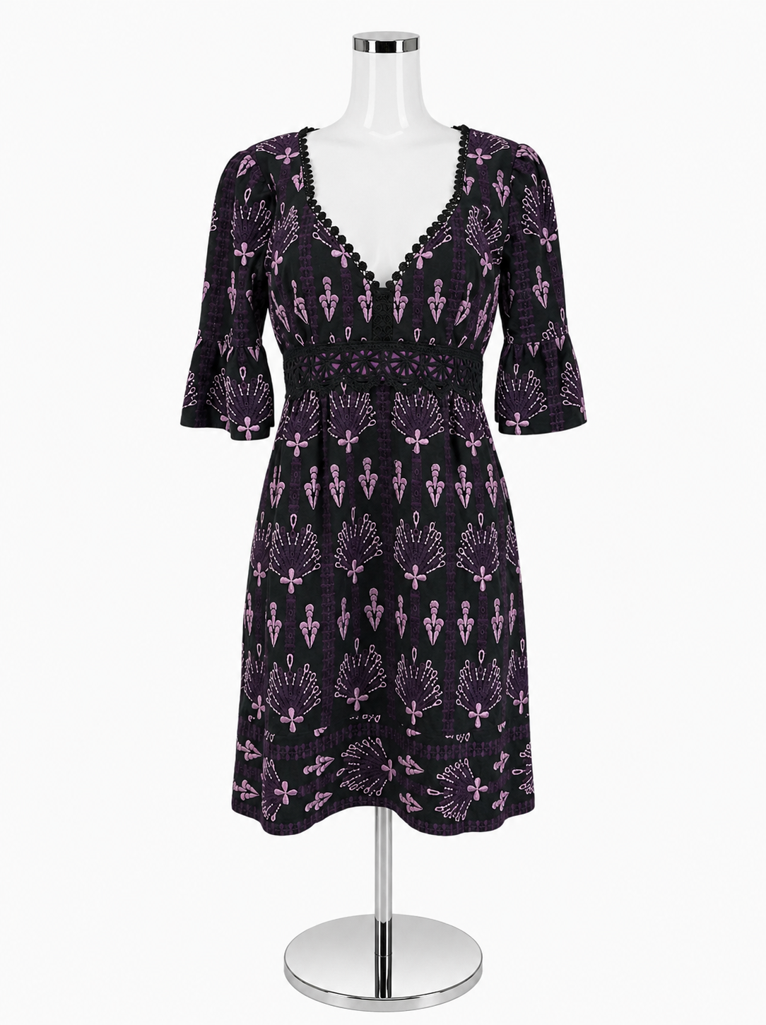Nanette Lepore Black & Purple Embroidered Bell Sleeve Mini Dress