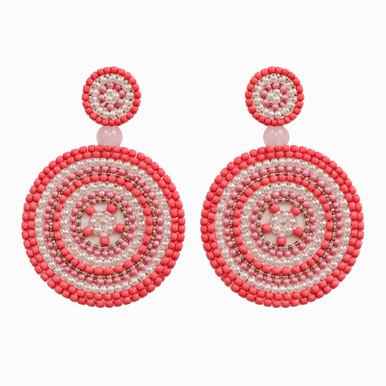 Artisan Coral Pink Seed Bead Circle Dangle Earrings Boho Statement Jewelry