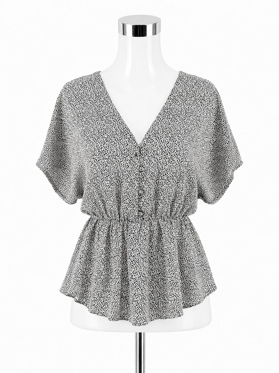 Sienna Sky Dotted Print Peplum Blouse White Black Short Sleeve Top Size Small