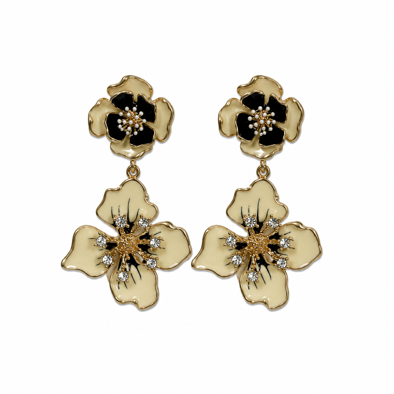 Asgarst Two-Tier Floral Statement Earrings Ivory Enamel & Rhinestone Drop