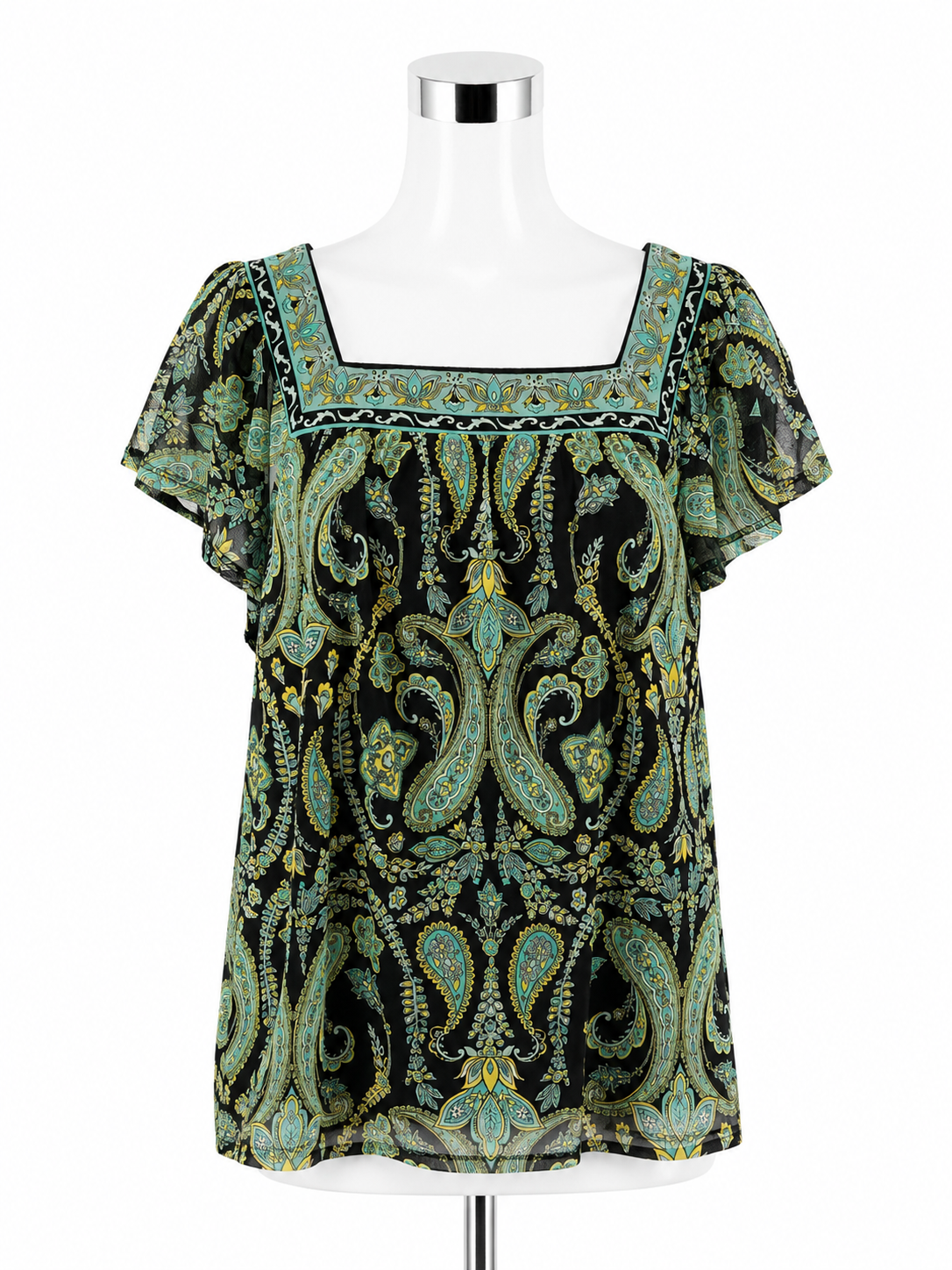Apt. 9 Petite Large Paisley Embroidered Flutter Sleeve Blouse Black Turquoise