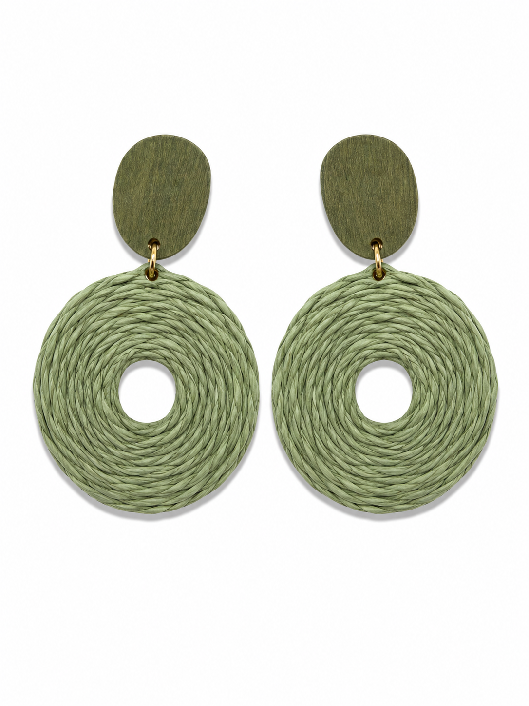 Margaux Handcrafted Woven Raffia & Wood Statement Drop Earrings Sage Green Boho