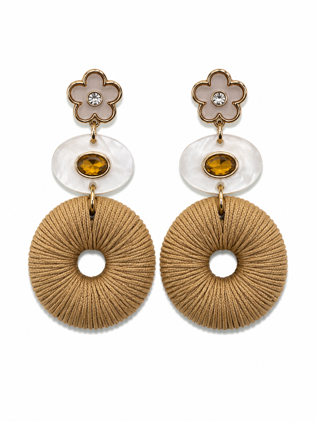 Maha Floral Tiered Drop Earrings | Beige & Gold Bohemian Statement Jewelry