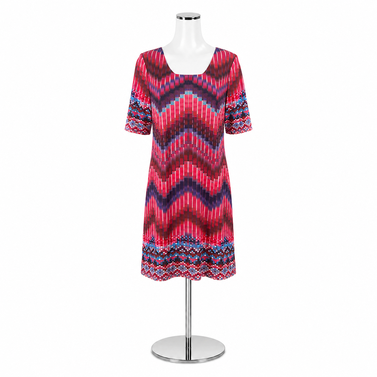 Aryeh Abstract Pixel Print Shift Dress Size Large | Pink Blue Geometric Stretch Knit