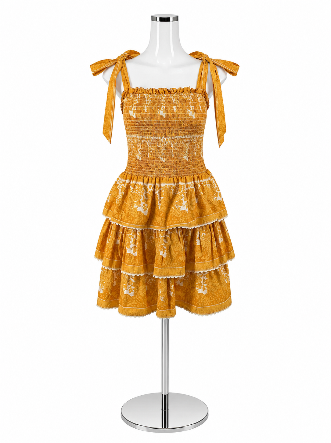 Cleobella Margaux Smocked Tiered Floral Mini Dress Mustard Yellow Medium