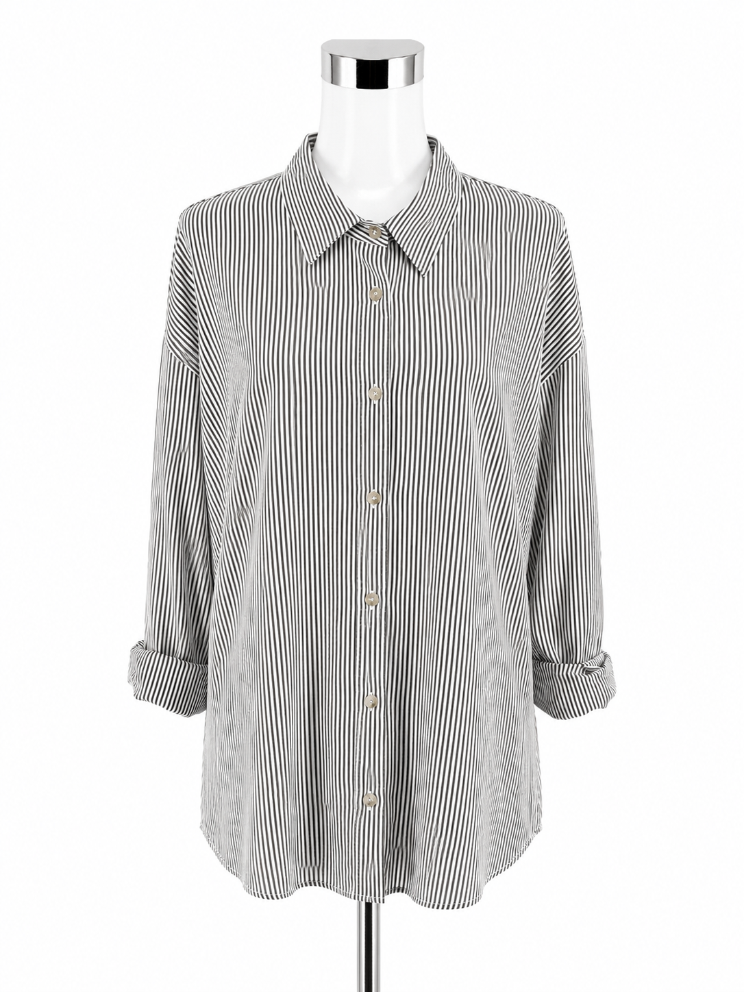 COSCOS White & Black Pinstripe Longline Button-Up Shirt | Size XL