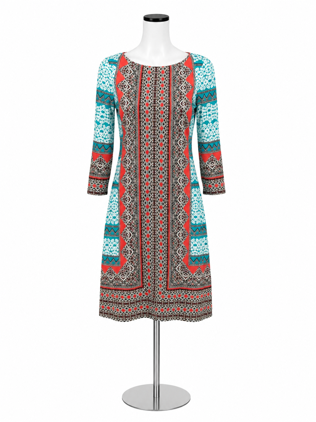 London Times Petite Geometric Border Print Shift Dress Size 4P