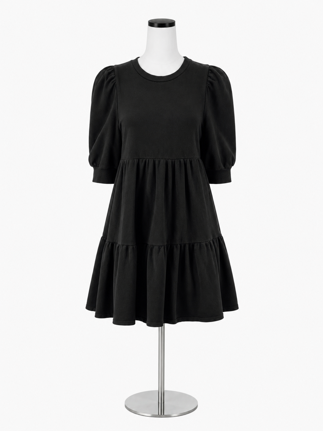 Lila by Anthropologie Black Tiered Cotton Puff Sleeve Dress