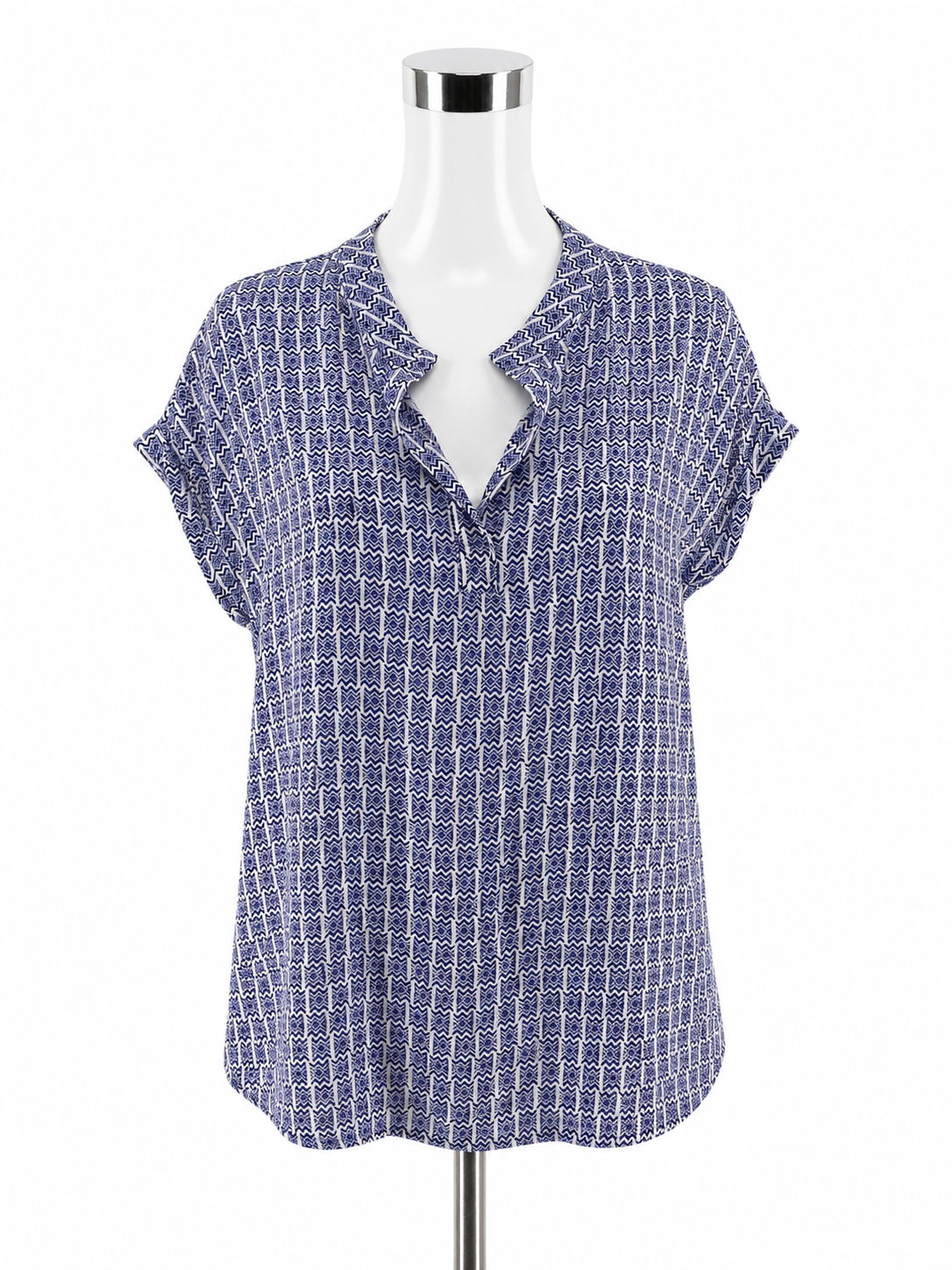 Pleione Geometric Print V-Neck Roll Tab Sleeve Blouse Top Size Medium