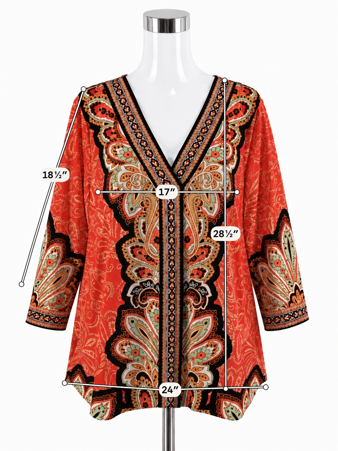 JM Collection Paisley Border Print Tunic Top XL Orange Multi V-Neck 3/4 Sleeve