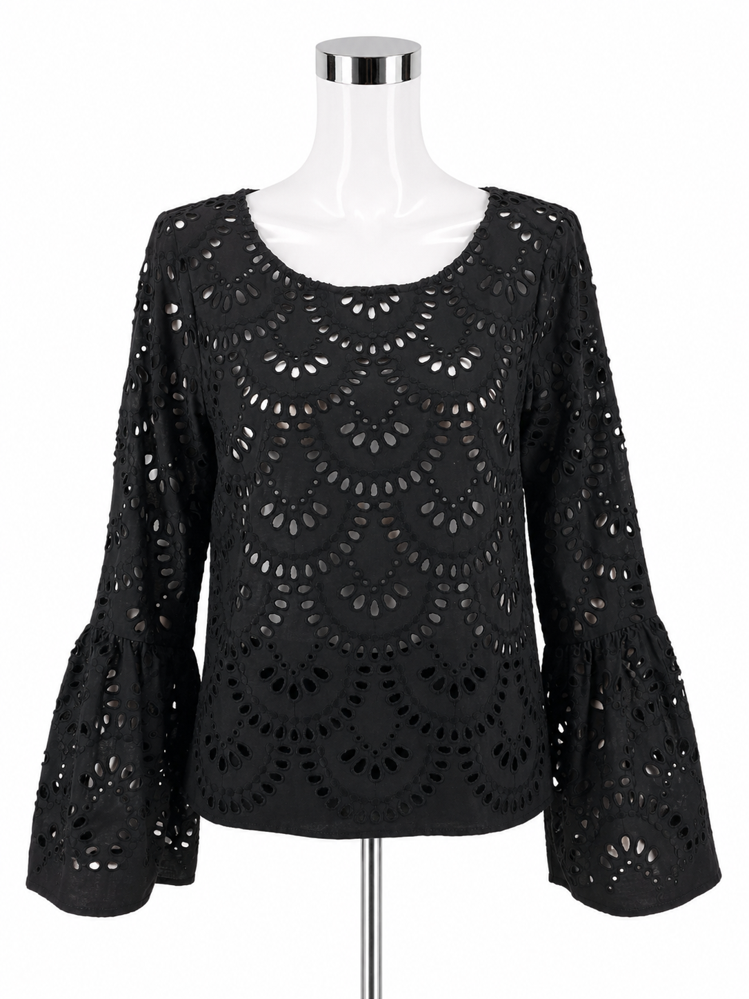 Karen Kane Eyelet Tiered Bell Sleeve Top Black Size Small