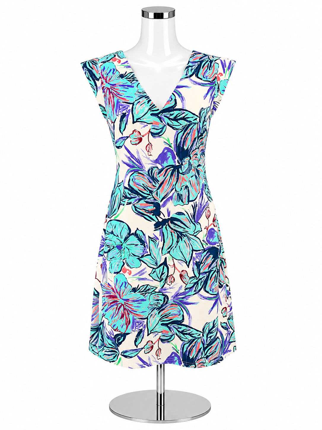 Aryeh Floral Cap Sleeve A-Line Shift Dress White Aqua Blue Size Small