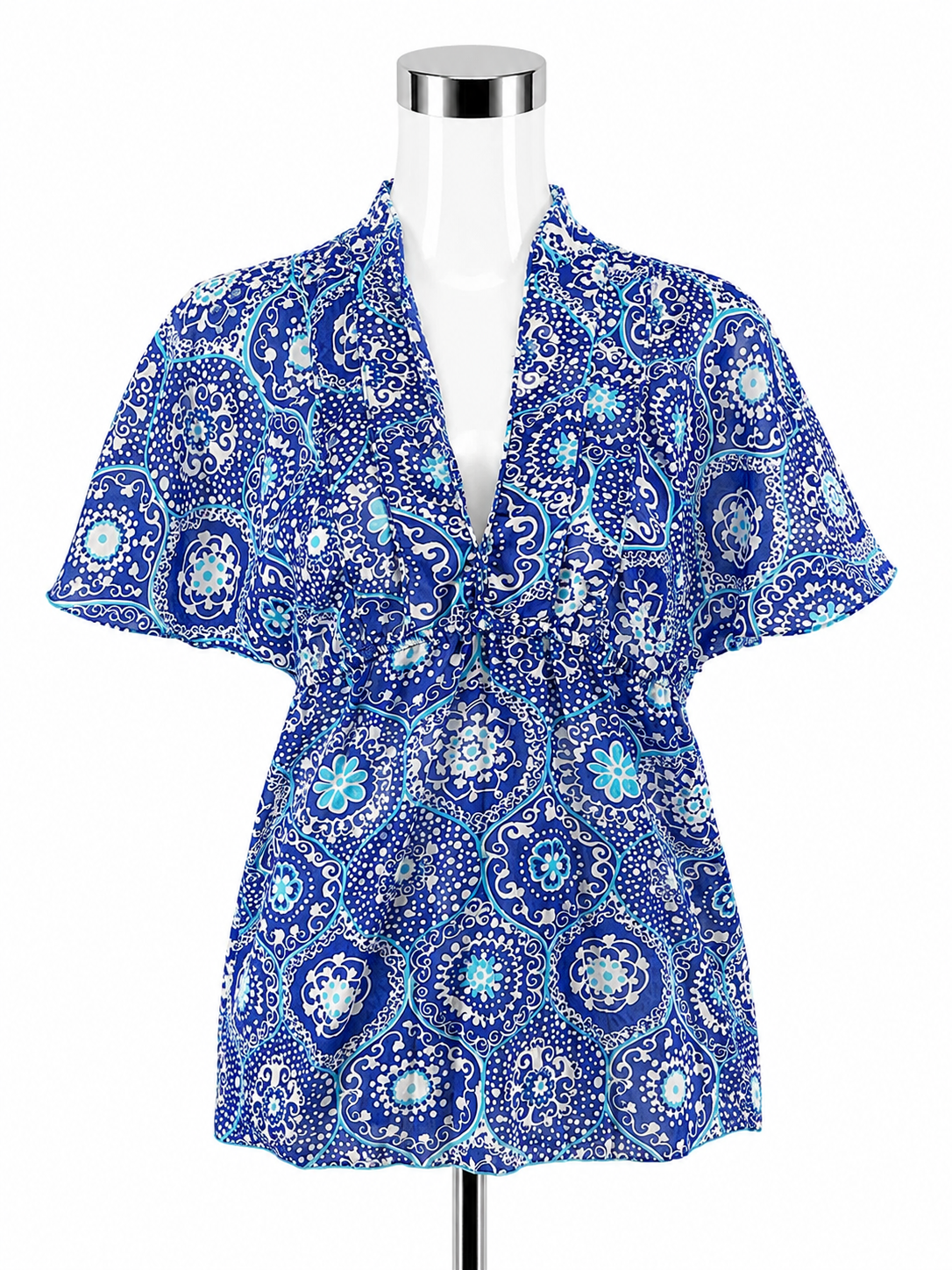 Trina Turk Fanciful Medallion Print Silk Cotton Blend Top Blue White Size Small