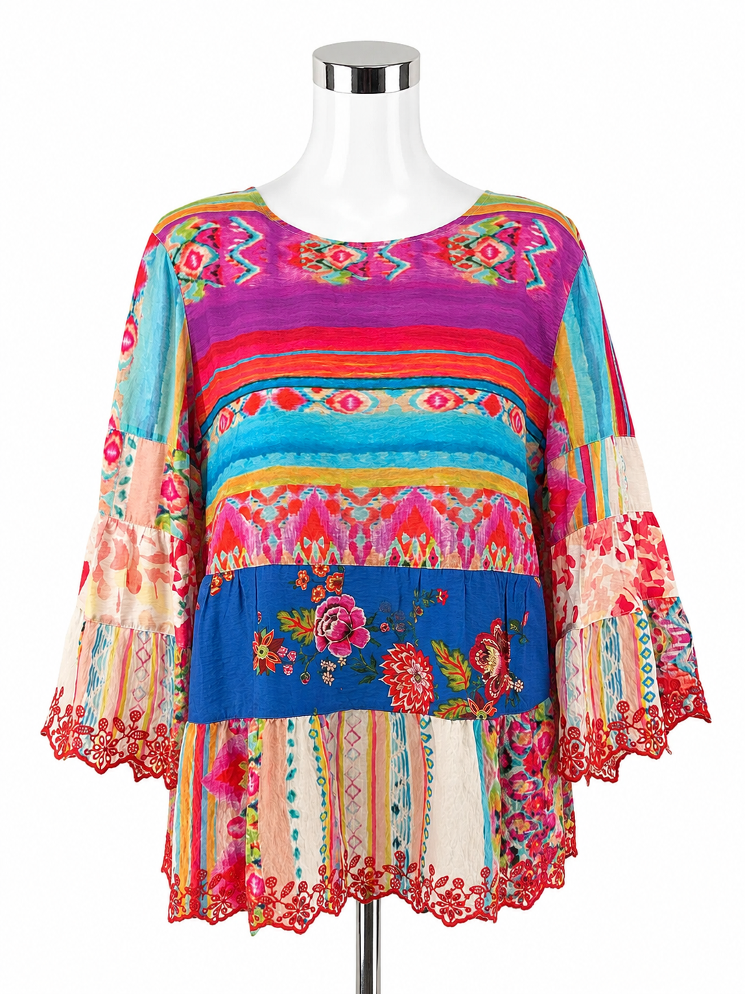 John Mark Floral Patchwork Boho Tunic Top Embroidered 3/4 Sleeve Blouse Size XL