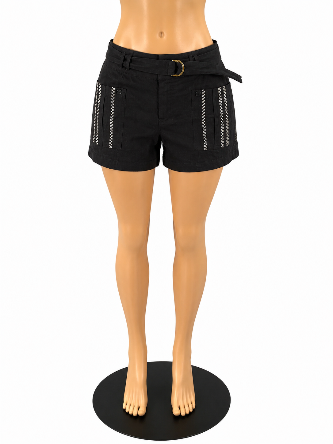 Johnny Was Giana Linen Shorts XS Black Tan Embroidered Belted High Rise