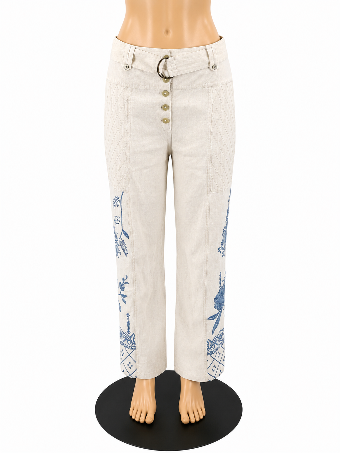 Johnny Was Terez Linen Pants White Blue Embroidered Wide Leg Boho Size XS