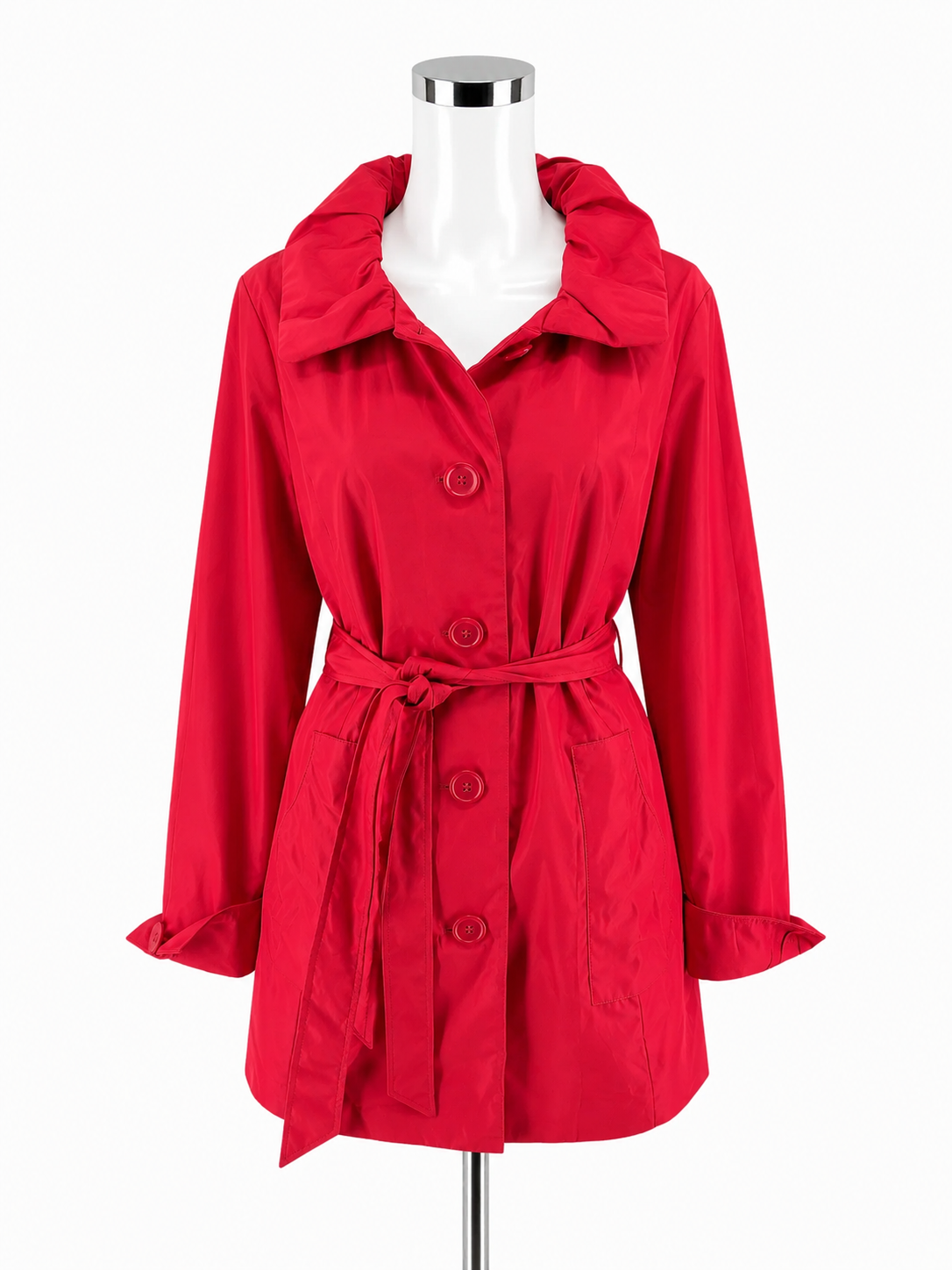 Dennis Basso Cherry Red Trench Coat Jacket Ruched Collar Belted Size Large