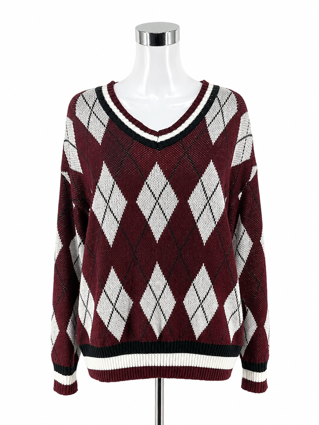 Dazy Argyle V-Neck Sweater Maroon Cream Preppy Collegiate Knit Pullover Medium