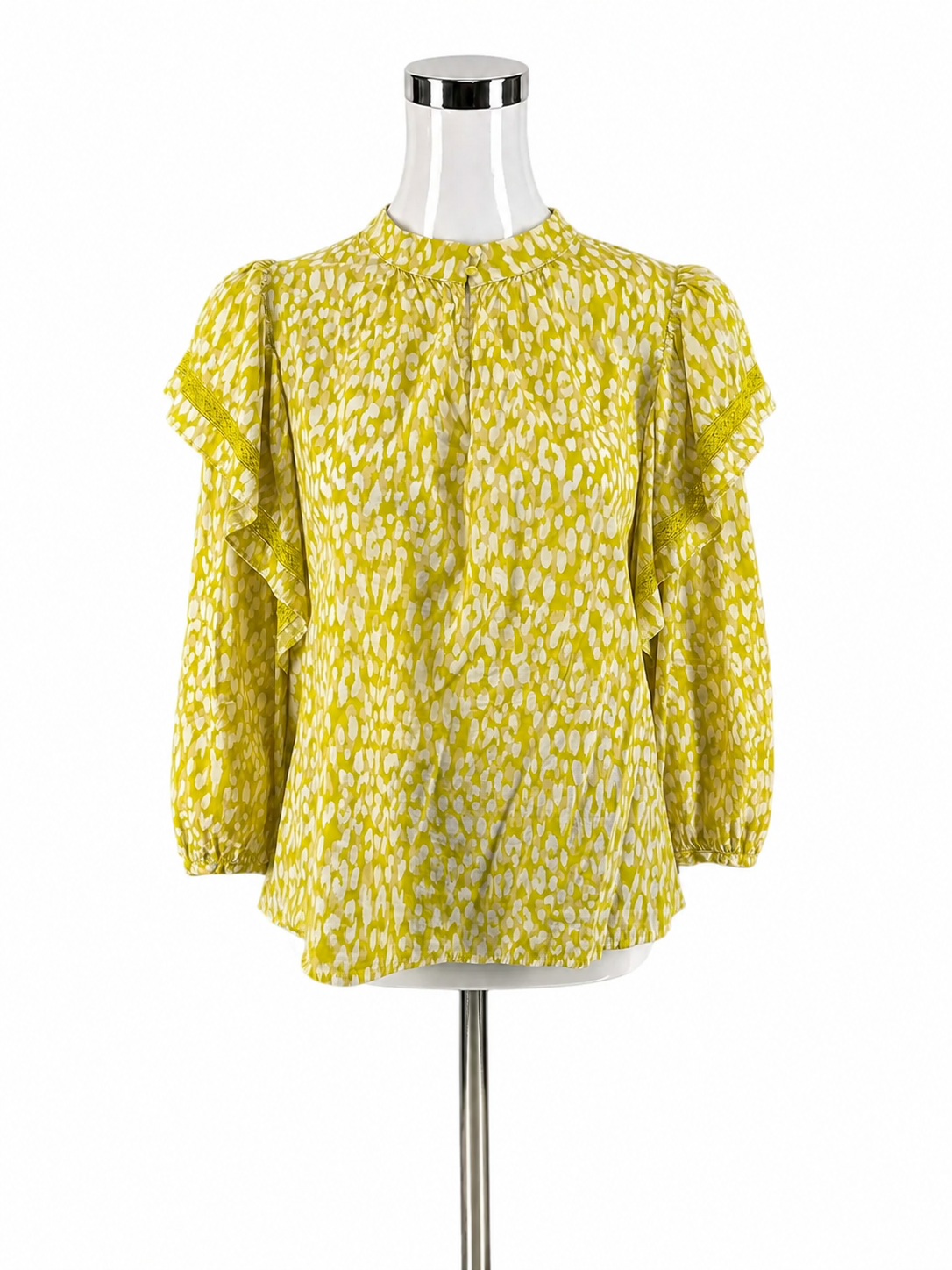 WHO WHAT WEAR mustard/white 3/4 Sleeve Mustard & White Animal Print Ruffle Sleeve Blouse Top Size XL - Size XL