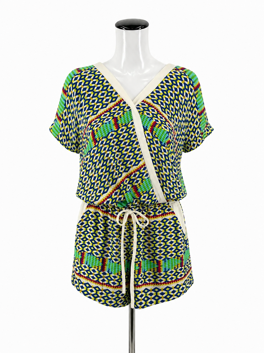 C. Luce Multi Color Romper Geometric Ikat Print Romper V-Neck Drawstring Pockets NWT Size Small - Size S