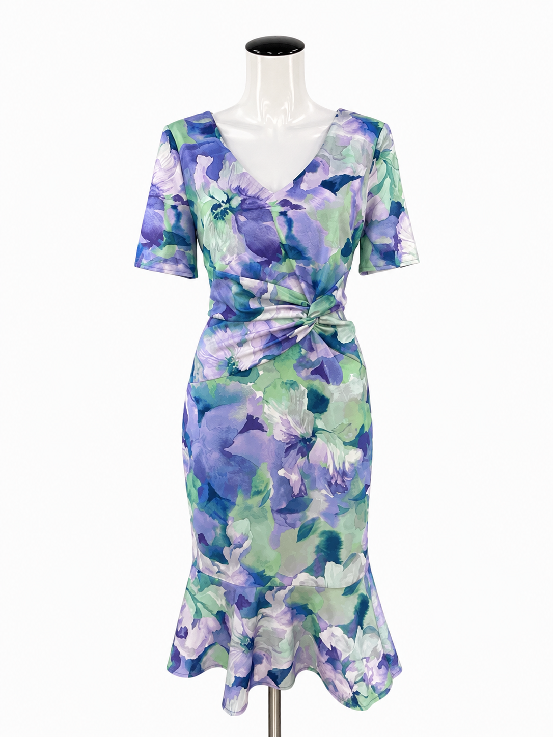 London Times Purple/Green Bodycon Floral Twist-Front Midi Dress Size 10 - Size 10