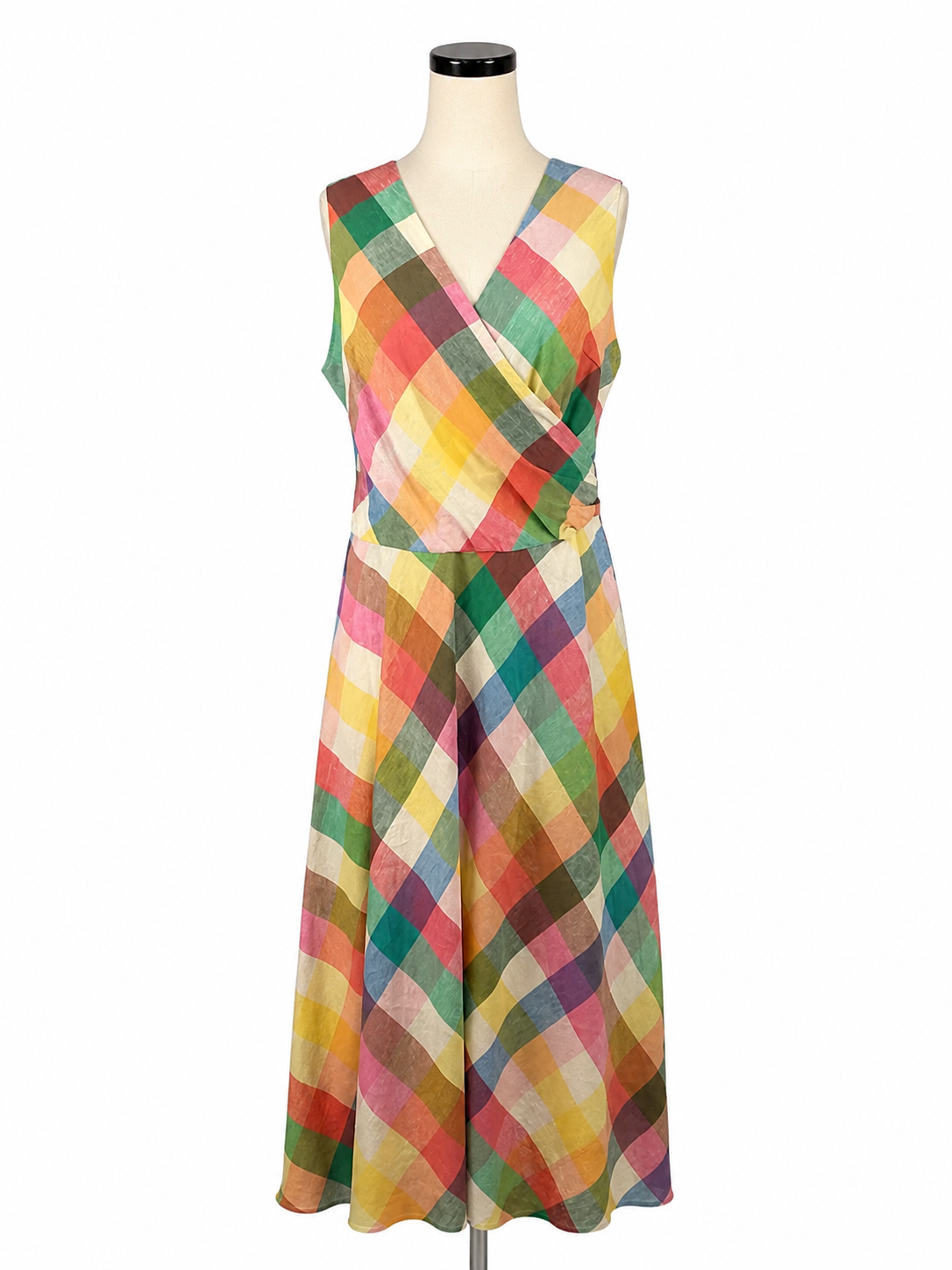 Jude Connally Multi Color Maxi Gingham Linen Blend Surplice Midi Dress Size Large - Size L