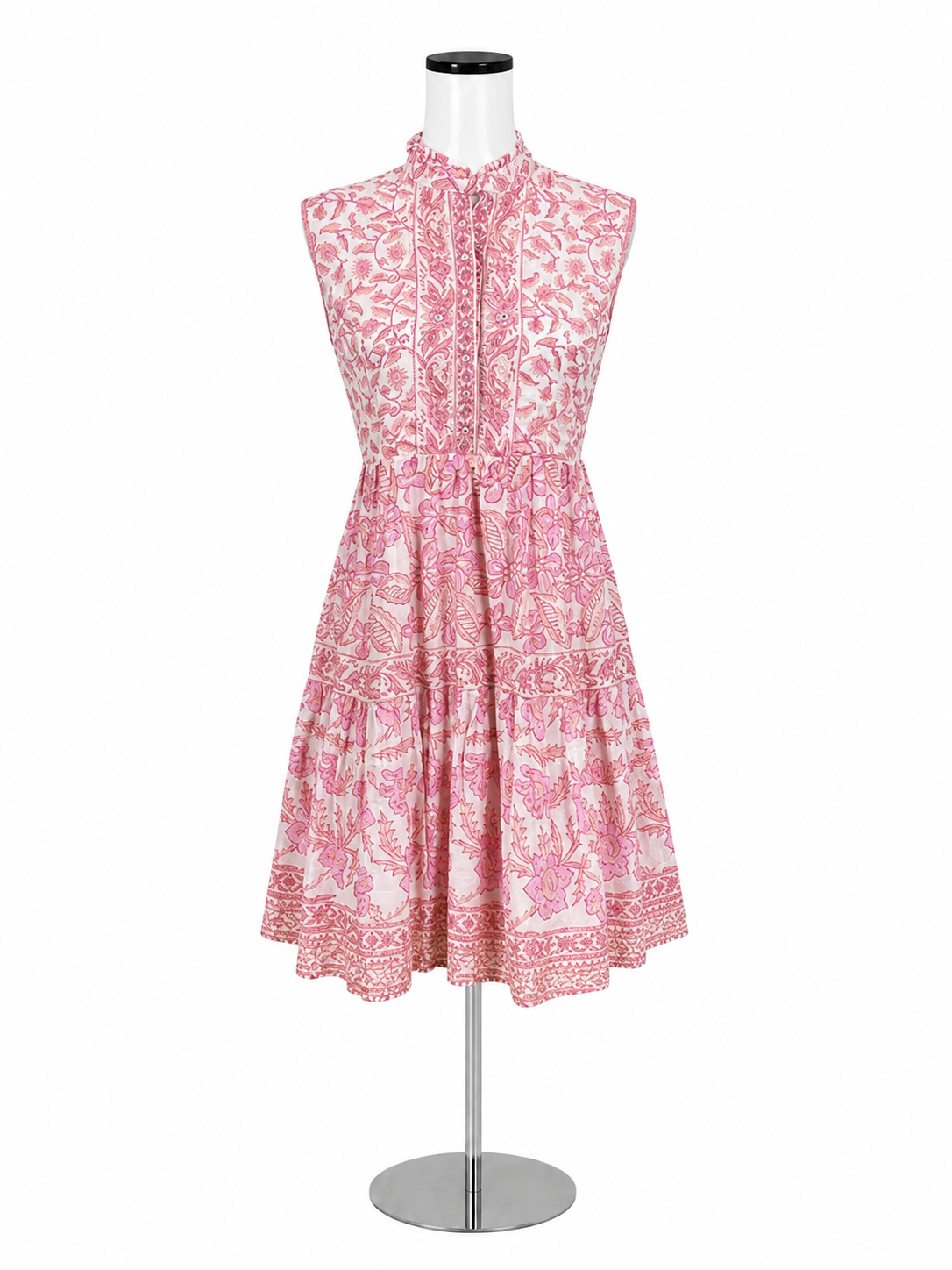 Bella Tu Pink & White Floral Ruffle Neck Tiered Cotton Dress Size Medium