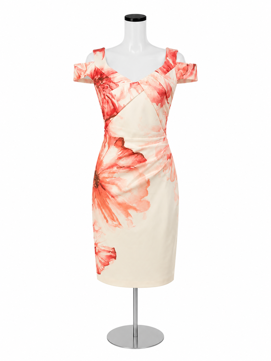 Karen Millen Floral Off-Shoulder Pencil Dress Size 10 Orange Red Wedding Guest