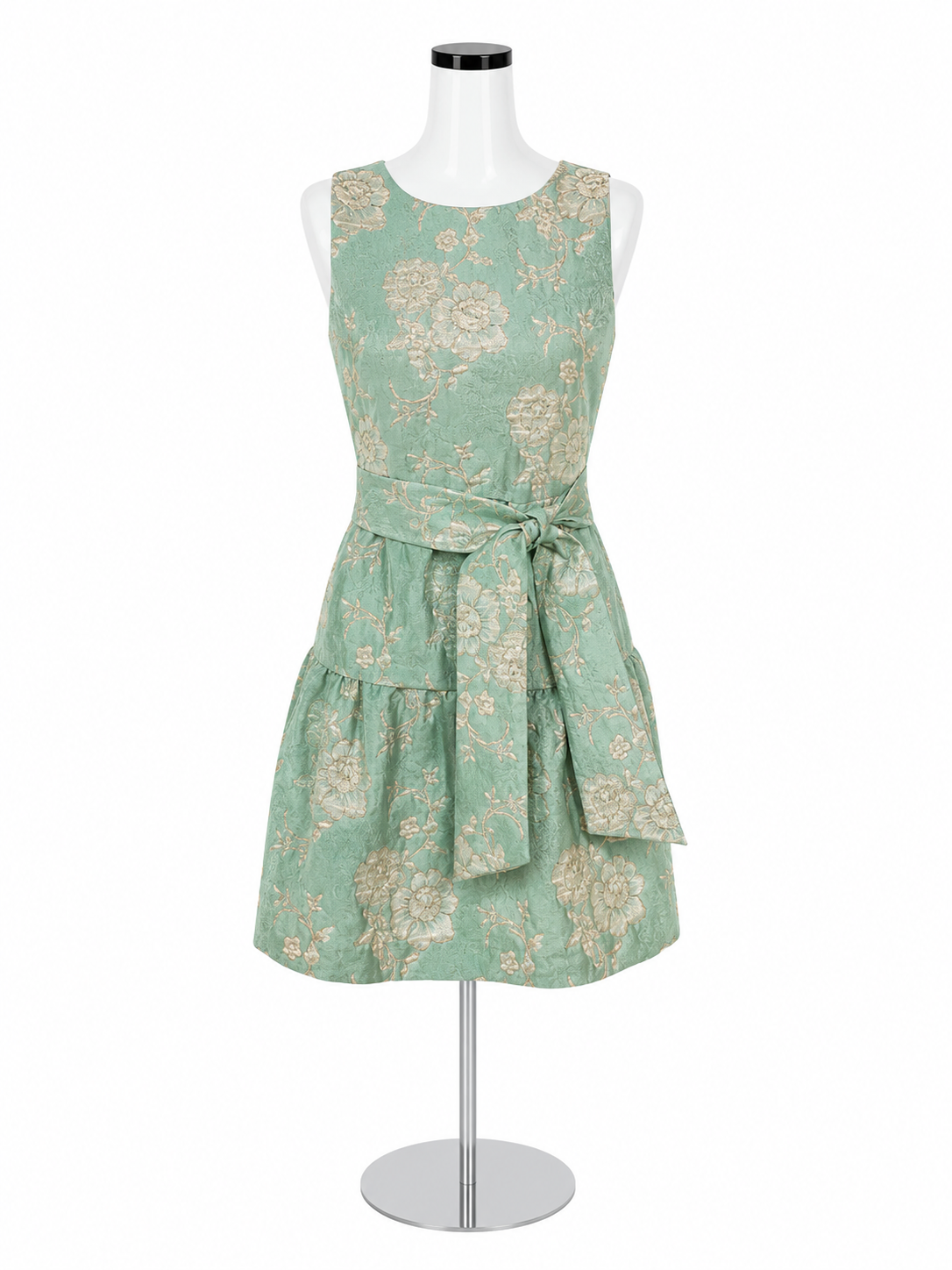 Maison Tara Aqua Gold Floral Metallic Jacquard Fit & Flare Dress Size 6