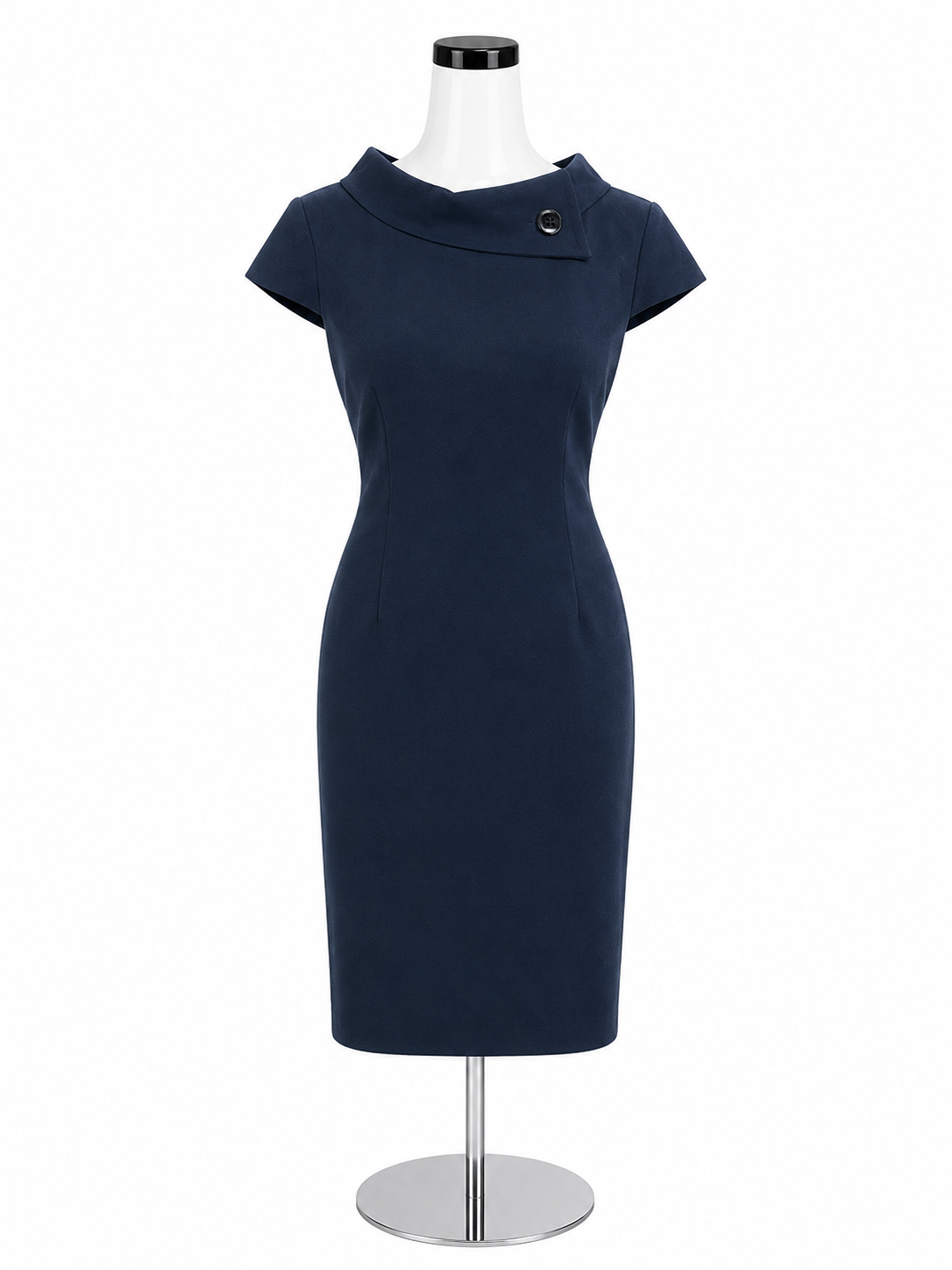 Karin Stevens Navy Sheath Dress with Asymmetrical Collar