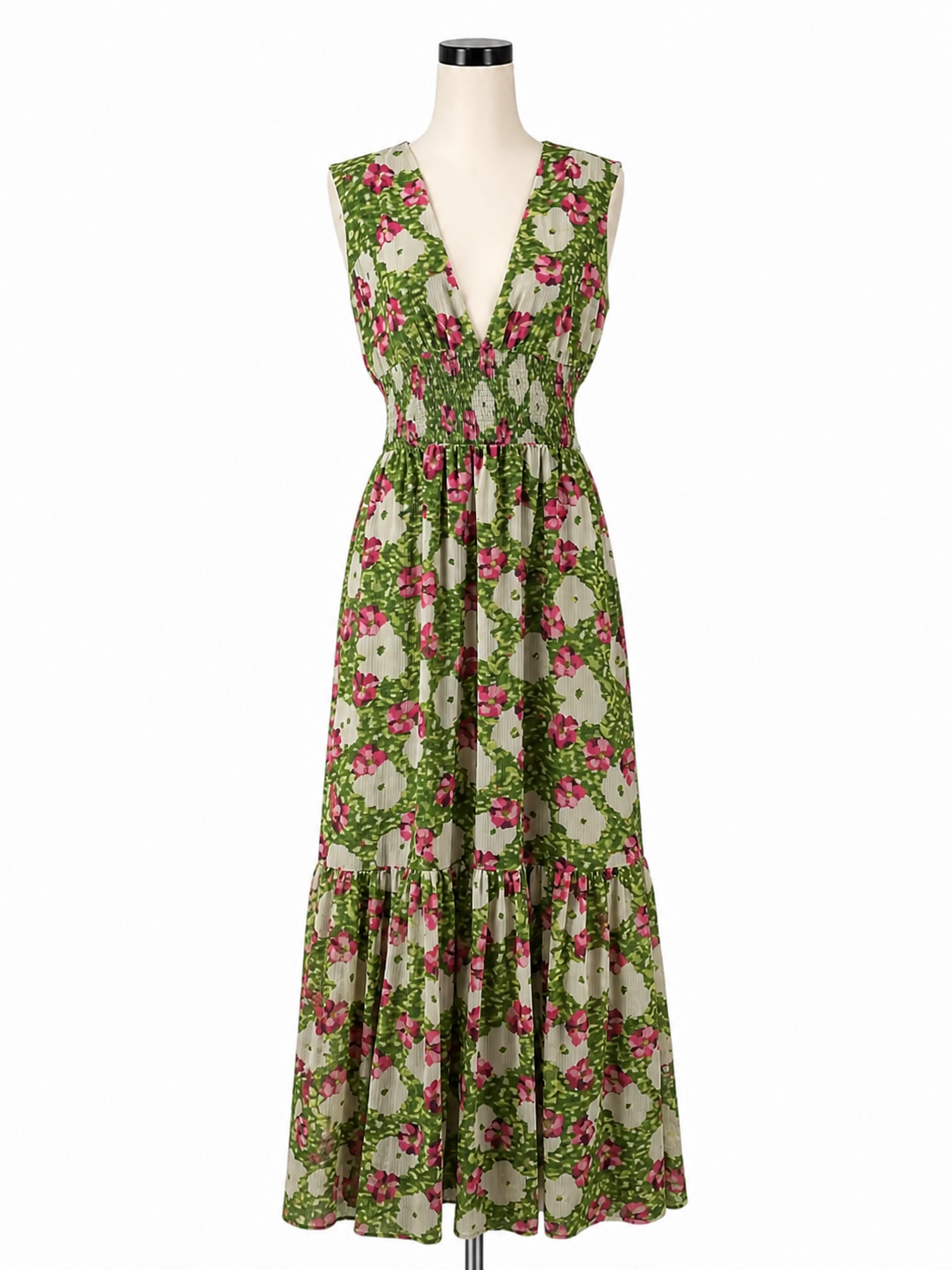 bar III green/pink Maxi Green & Pink Floral Pleated Chiffon Maxi Dress XL - Size XL