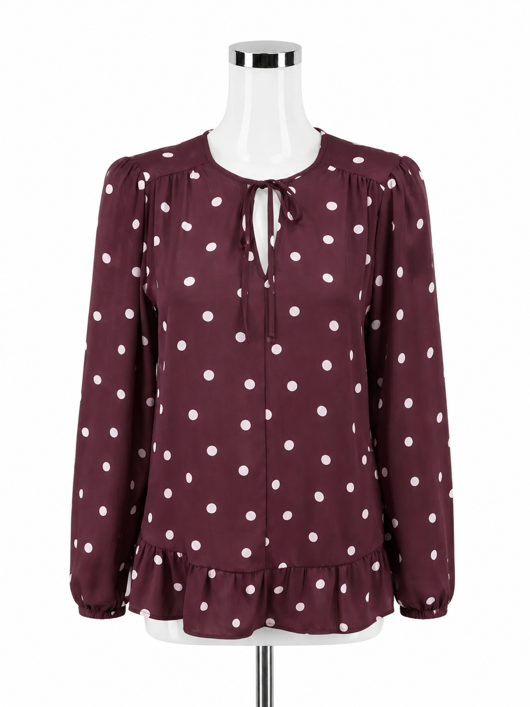Loft Maroon & Pink Polka Dot Tie Neck Ruffle Hem Blouse Size Small