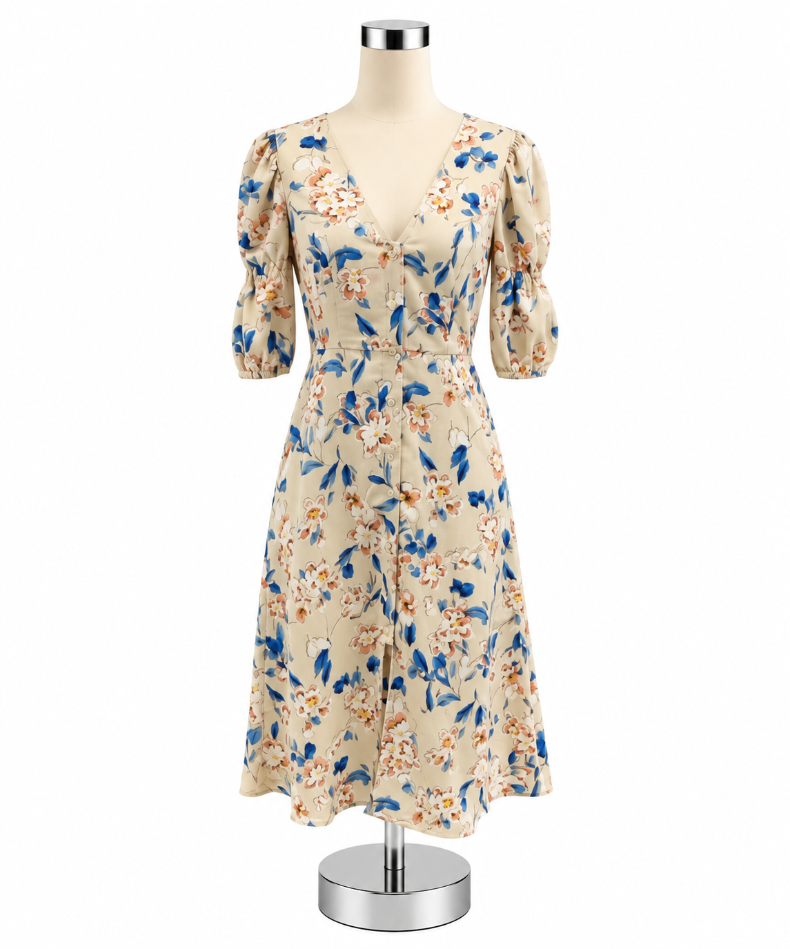 BCBGeneration Floral Puff Sleeve V-Neck Midi Dress Size 2 - ONLINE ONLY