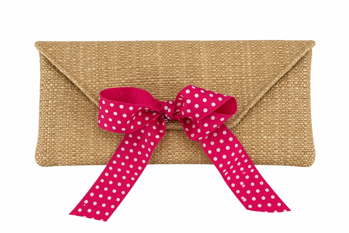 Bosom Buddy Bags Wicker Straw Clutch Pink Polka Dot Bow Summer Purse