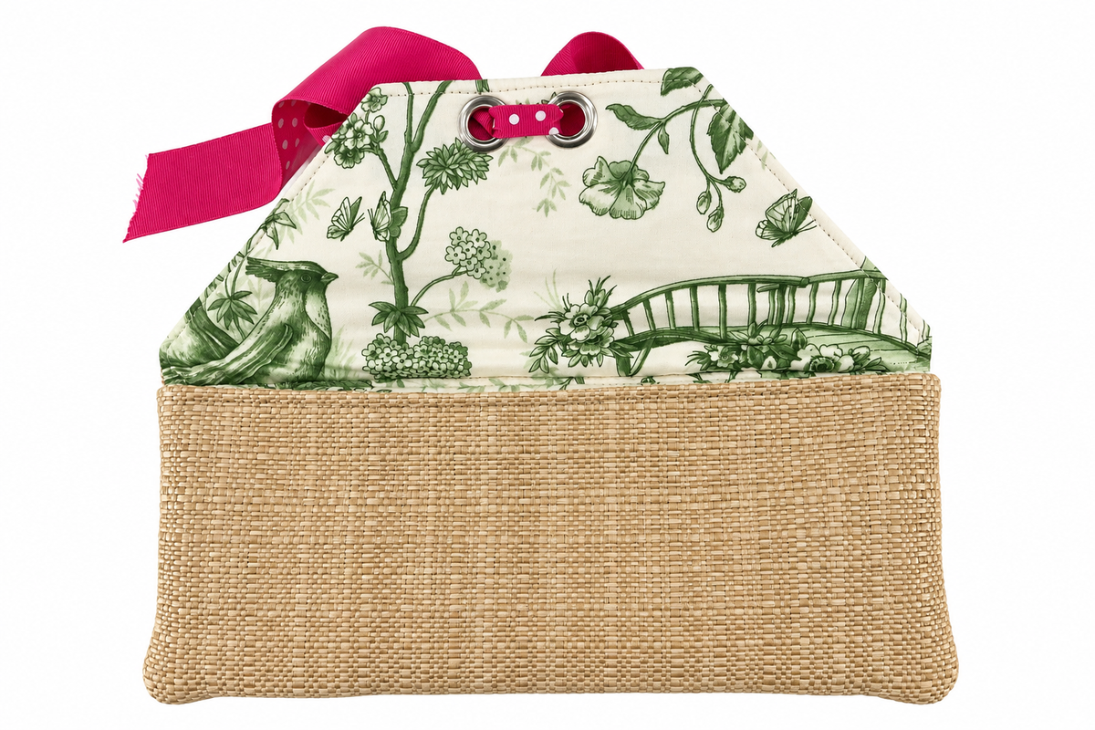 Bosom Buddy Bags Wicker Straw Clutch Pink Polka Dot Bow Summer Purse