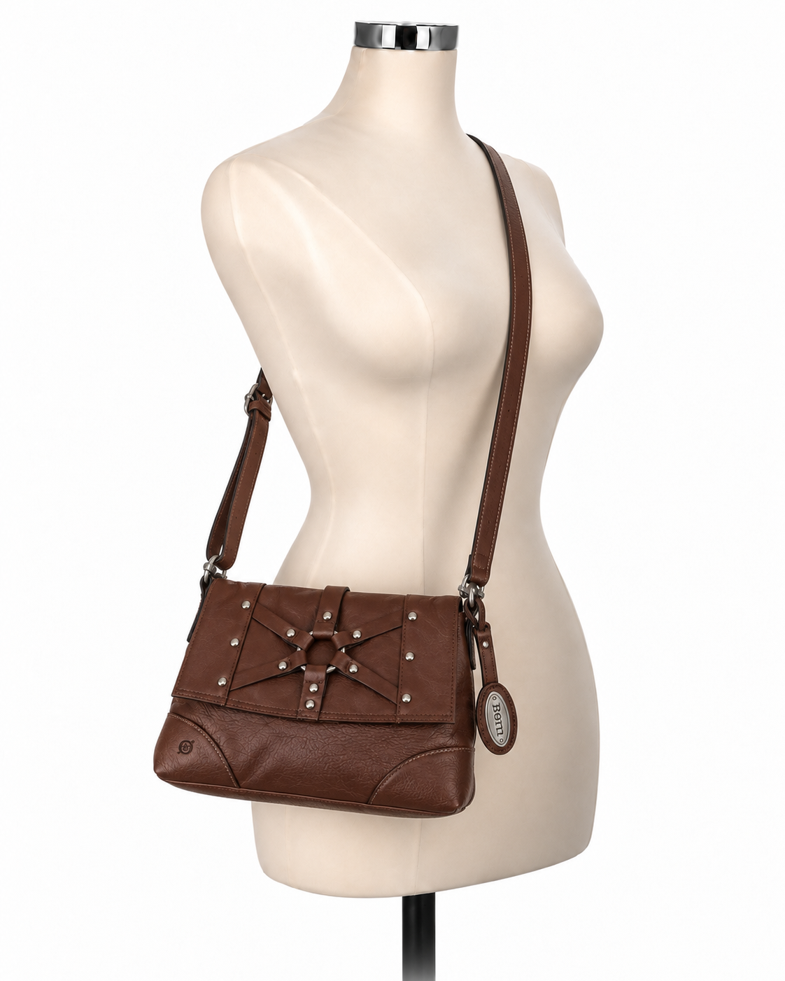 Born Sarala Studded Woven Leather Crossbody Bag Cognac Brown