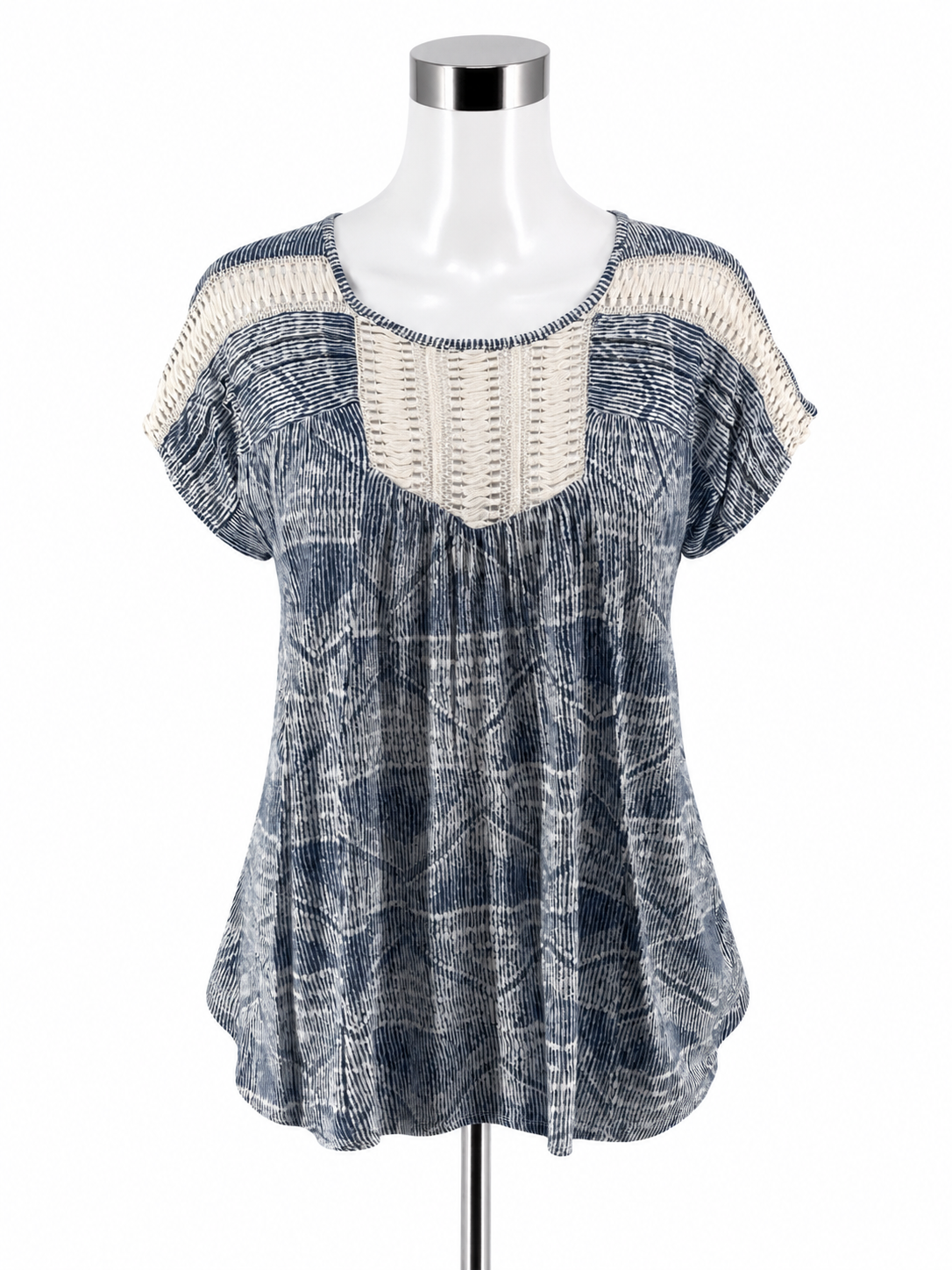 THML Blue & White Crochet Yoke Abstract Print Top | Size Small - ONLINE ONLY