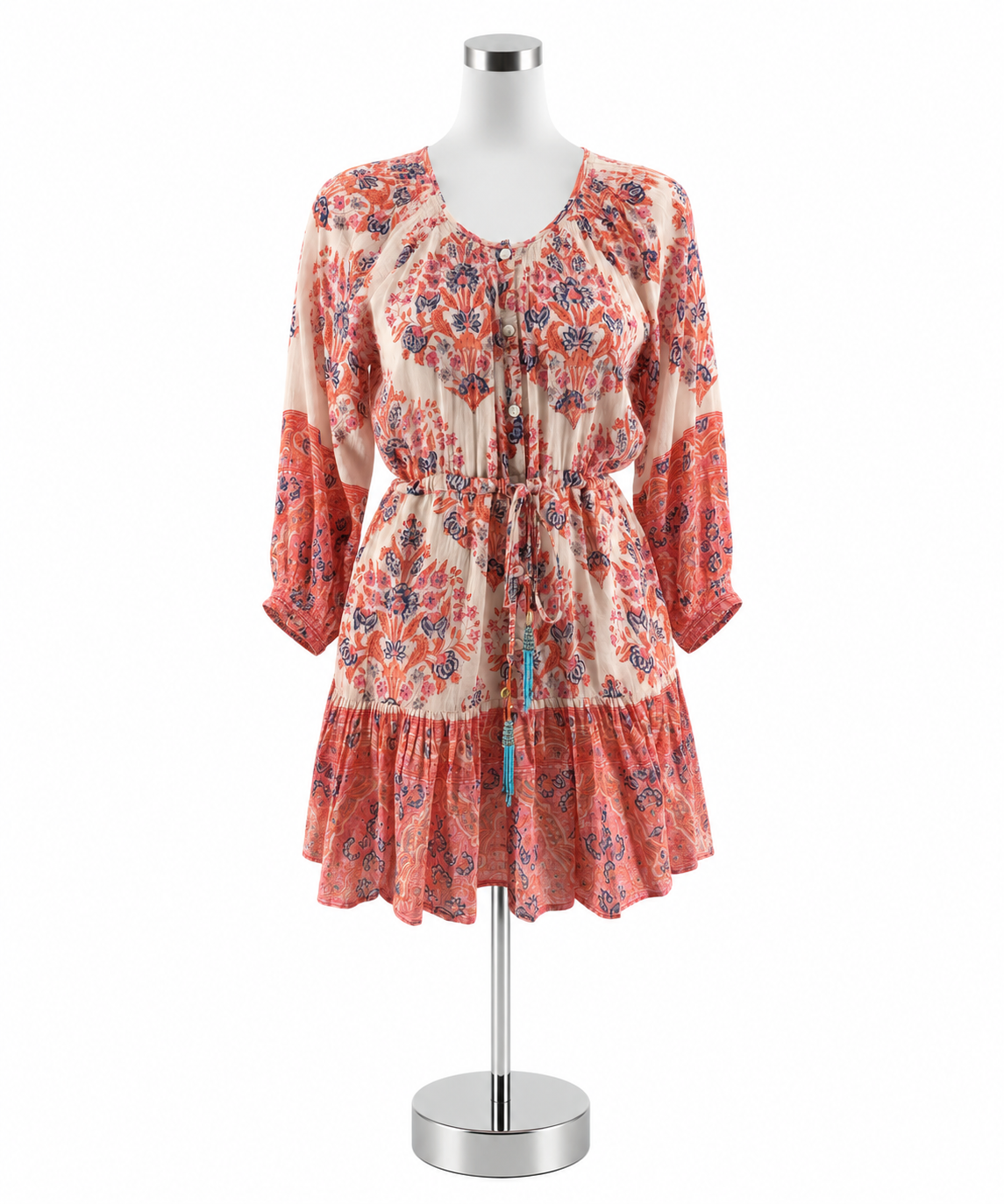 Bell Women’s Size Small White Orange Blue Floral 3/4 Sleeve Dress Pre-Owned- ONLINE ONLY