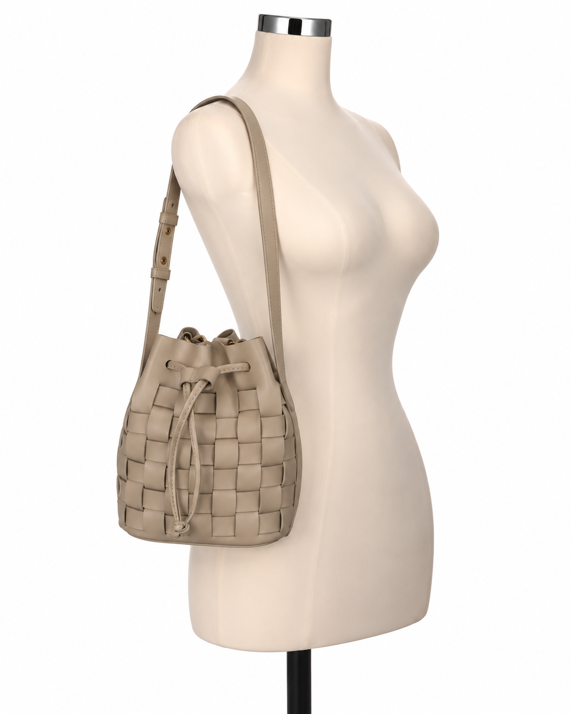 Tijn Ada Woven Faux Leather Bucket Crossbody Bag | Taupe
