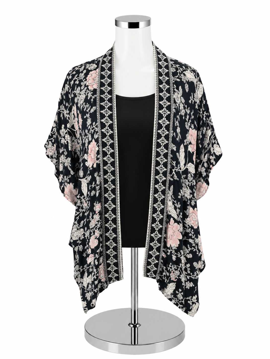 LOFT Floral Kimono Shrug Open Front Cardigan Navy Pink XS/S