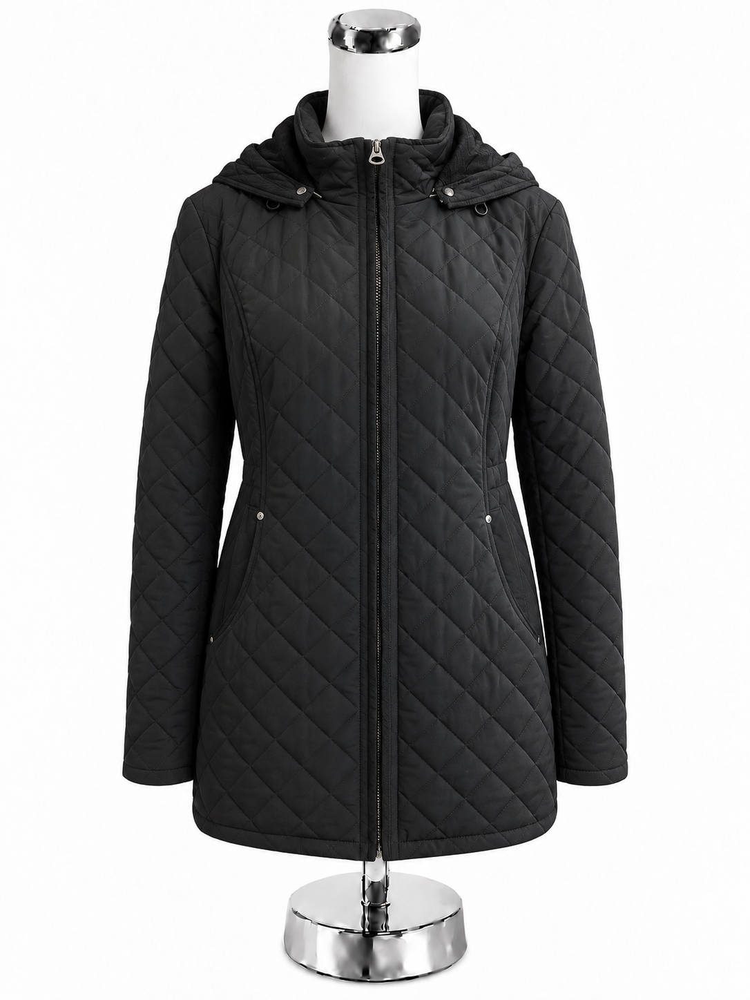 Laundry by Shelli Segal Black Quilted Hooded Puffer Coat | Size Large