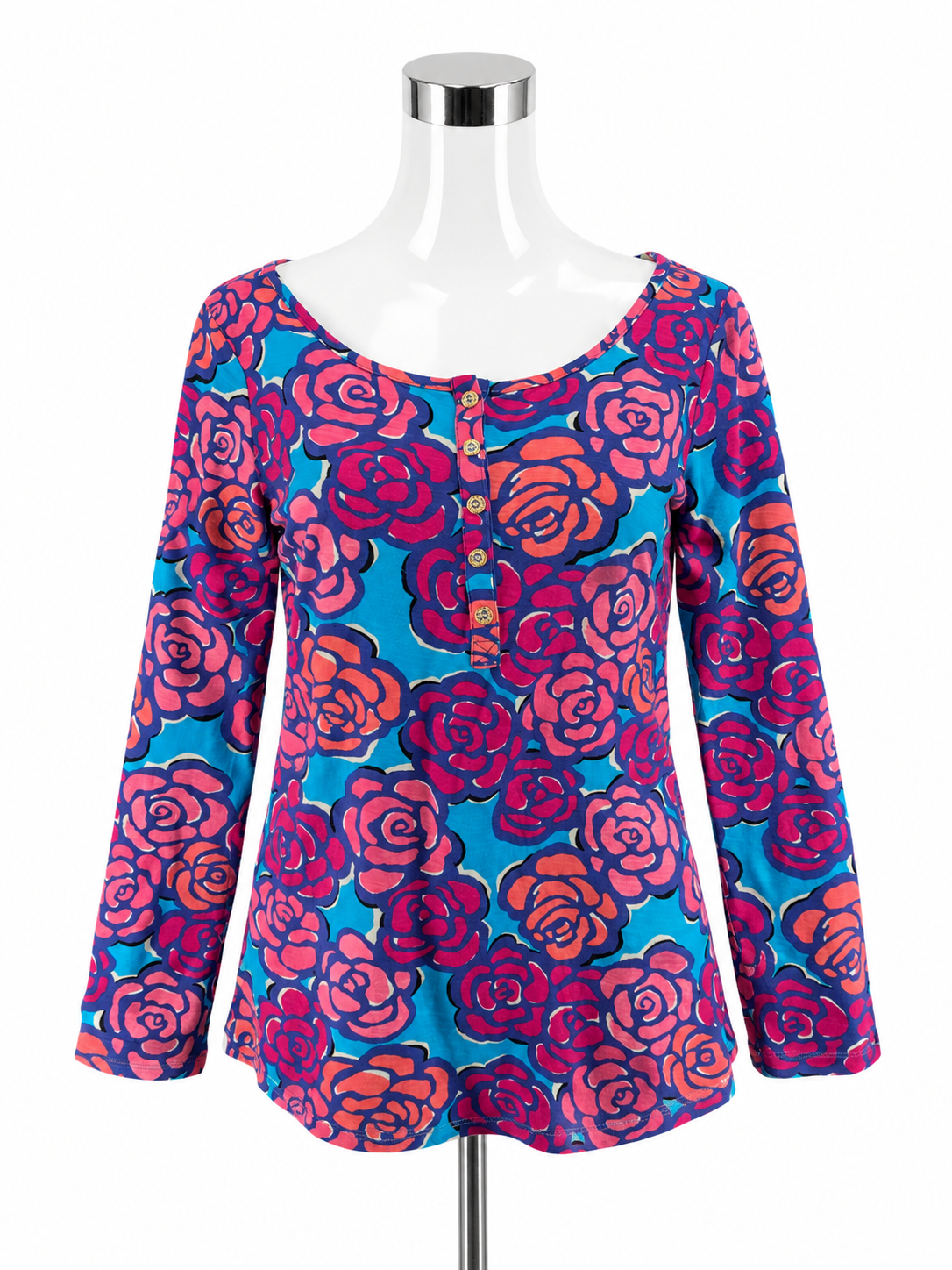 Lilly Pulitzer Sea View Henley Top In The Vias Floral Print Size Medium - ONLINE ONLY